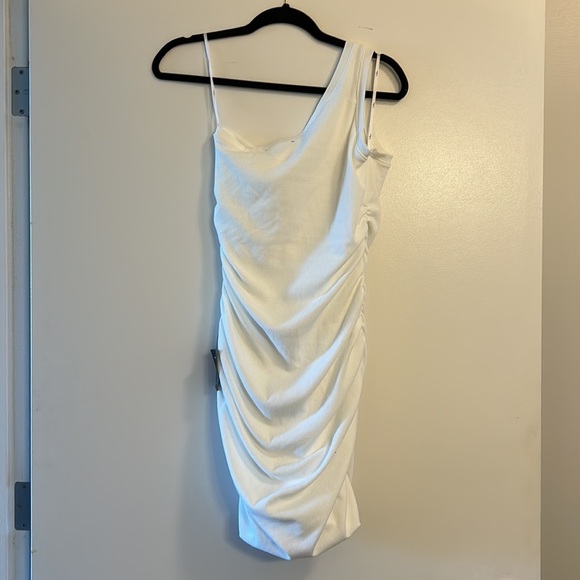 Lulus Side and Seek White Ribbed One-Shoulder Ruched Mini Dress, Medium NWT - Picture 7 of 7